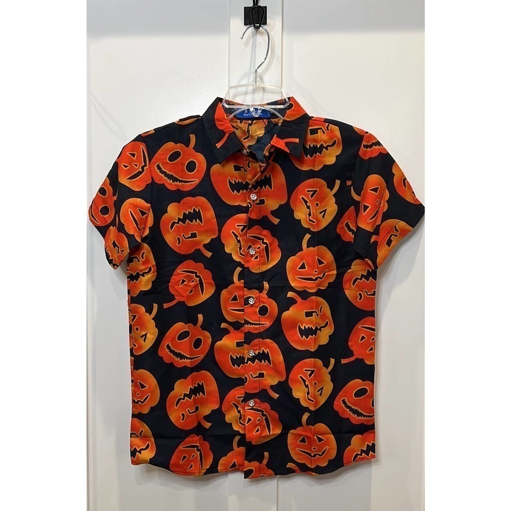 SSLR Boys Halloween Pumpkin Jack O Lantern Button Down Shirt Black Orange Size M